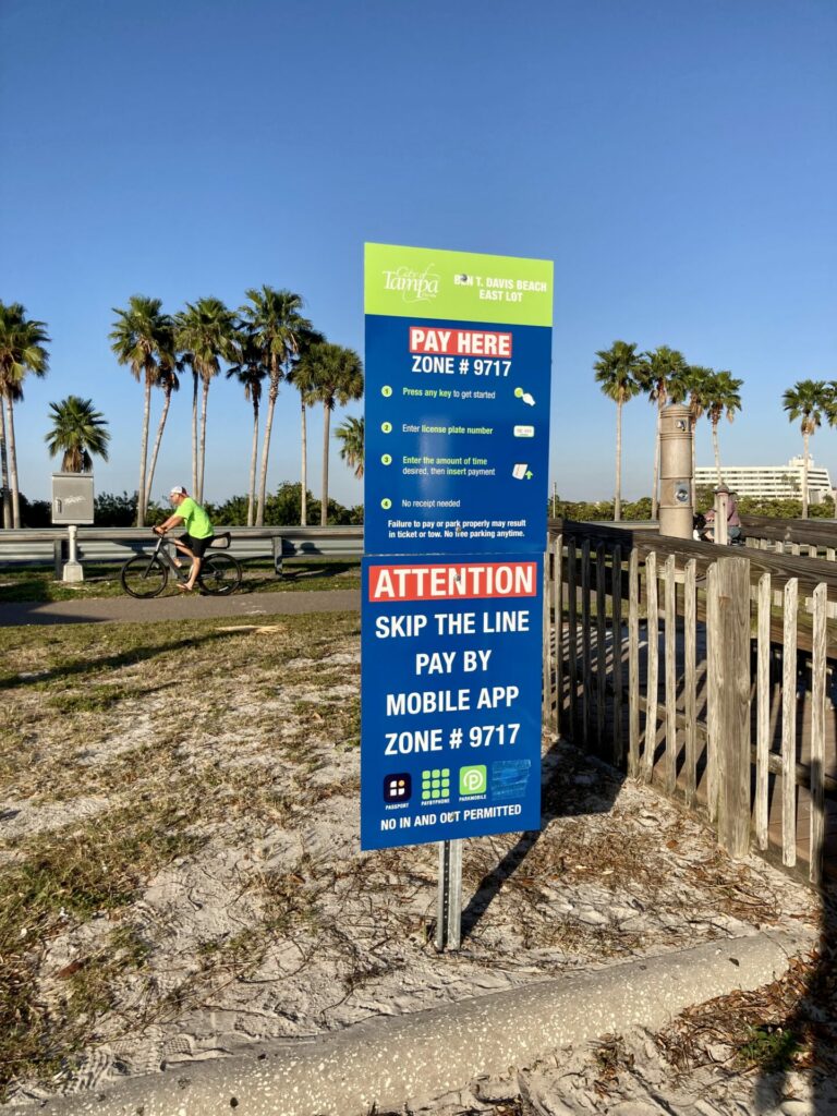 parking payment instruction sign at the Ben T David beach in Tampa