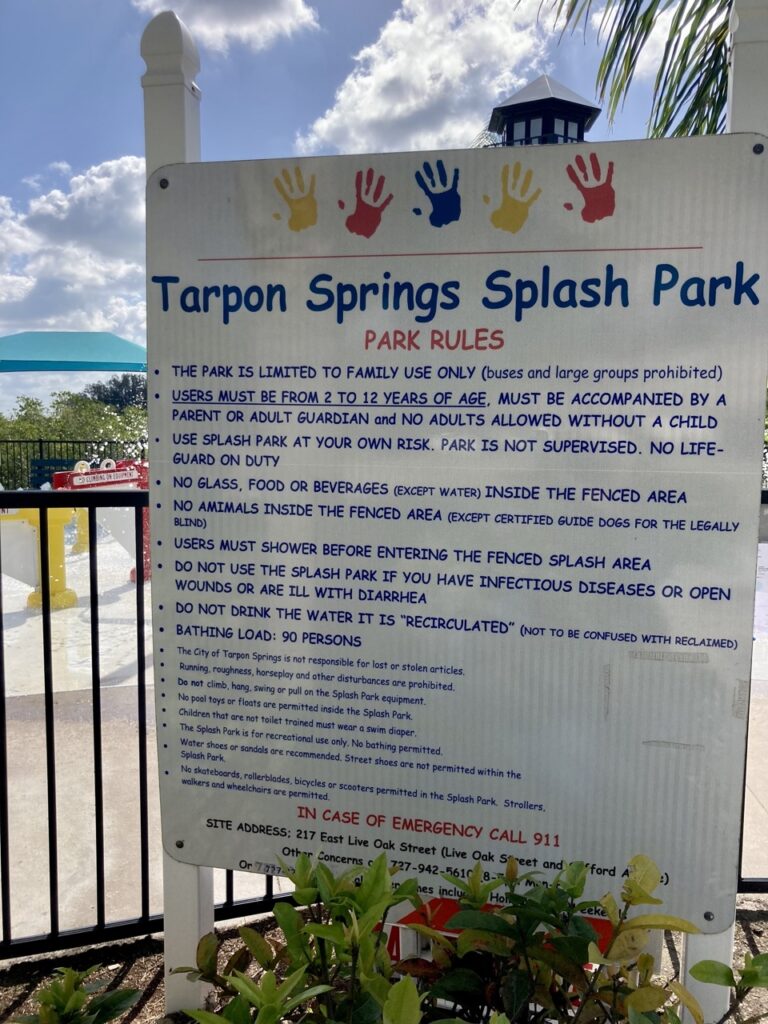 Tarpon Springs splash park rules sign