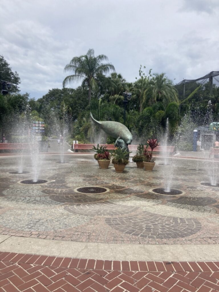 Manatee statue surrounded by water fountains at the entrance of ZooTampa at Lowry Park