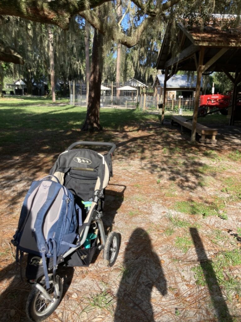 jogging stroller in the foreground and old mcmickys farm in the background