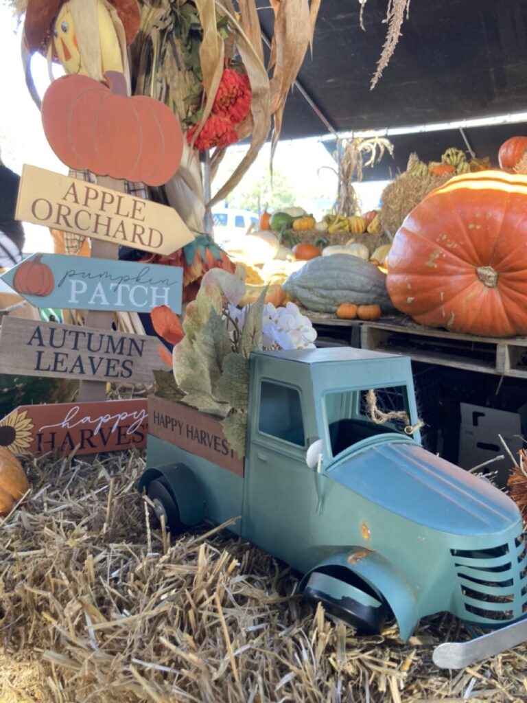 Fall decor, with a decorative old-fashioned truck toy on hay with pumpkins in the background at Gallagher's in St. Pete