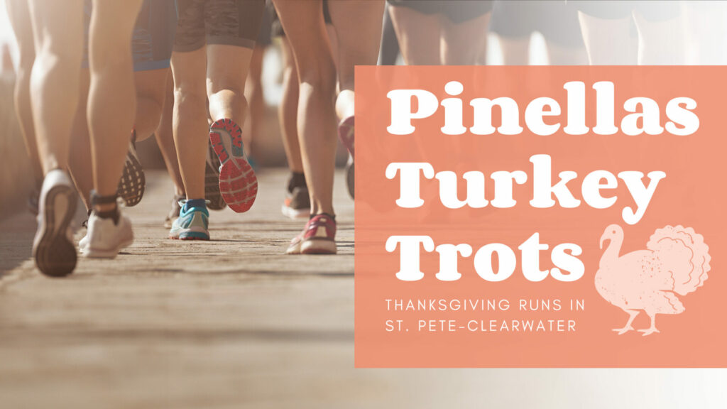 The background image is of a race showing the legs of the runners running on a road. The text overlay says Pinellas Turkey Trots: Thanksgiving runs in St. Pete-Clearwater with a graphic of a turkey