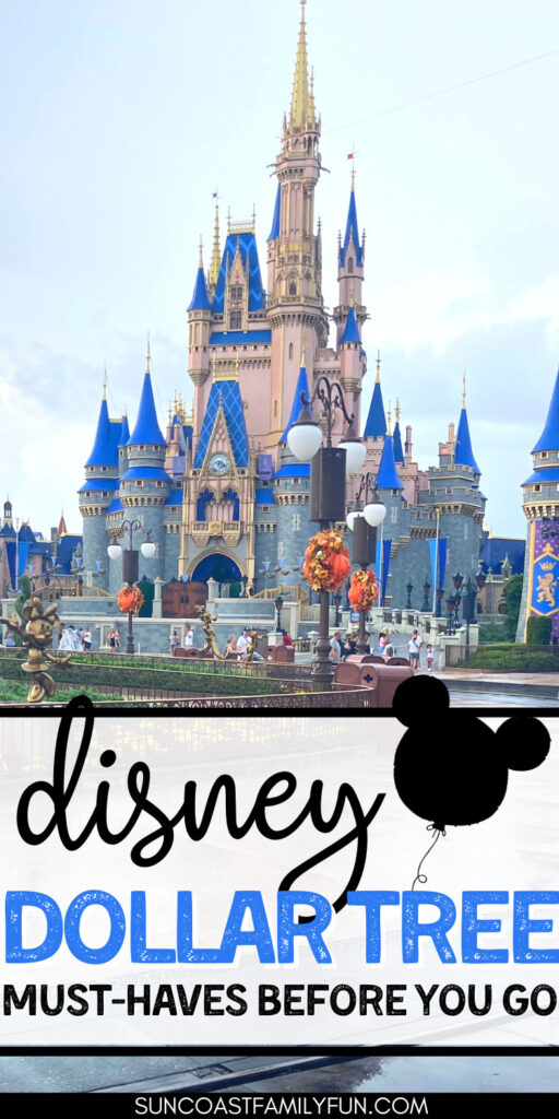 the picture is of cinderella's castle at disney work and the text says disney dollar tree must haves before you go with a graphic of a black mickey mouse balloon