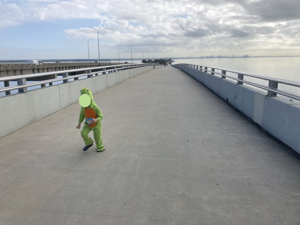 a toddler dressed like a green dinosaur running on the Courtney Campbell bridge trail