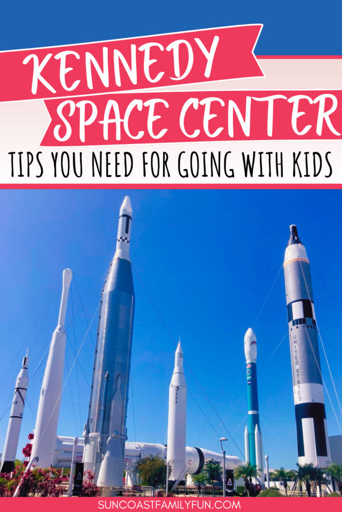 The text says "Kennedy Space Center: tips you need for going with kids" and the background picture is of the Rocket Garden and a blue sky. 