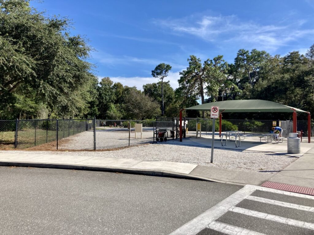 Clearwater Enterprise Dog Park at a distance from the parking lot