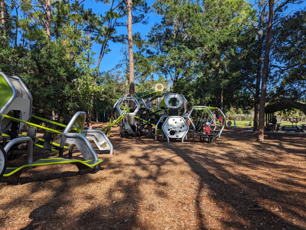 outdoor playground that looks like futurist metal hexagons at Largo's Highland Recreation Center