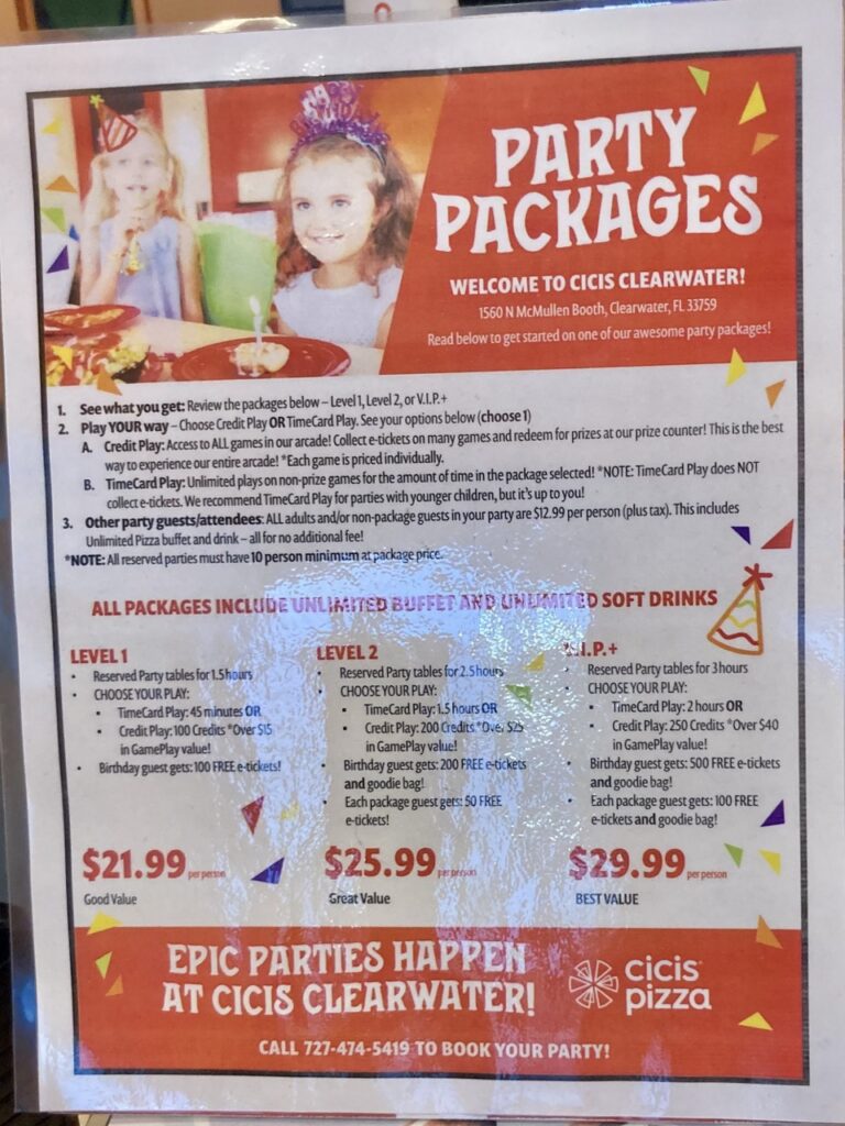 a flyer for Cici's pizza party packages at their Clearwater location, showing packages ranging from $21.99-29.99 per person. 