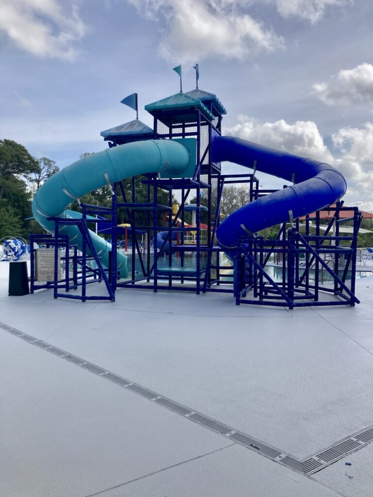 two twisty water slides in aqua and blue